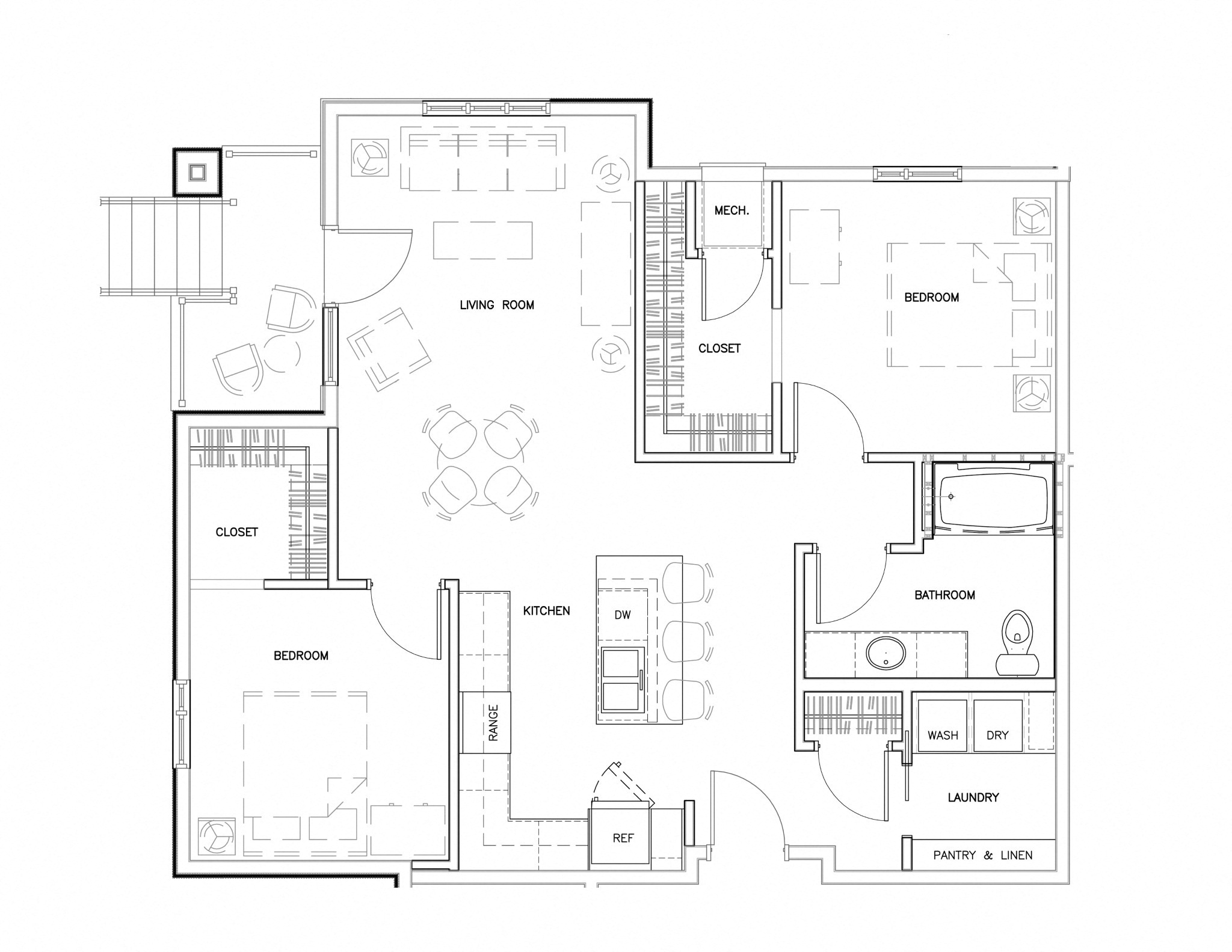 Floor plan for 2 beds, 1 bath, 1029 sqft